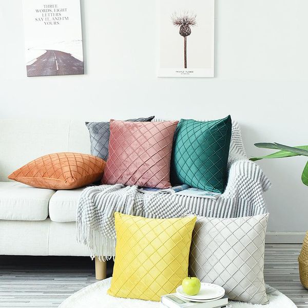 

cushion/decorative pillow solid velvet with woven plaid pillowcase simple covers decorative yellow orange blue green white gray