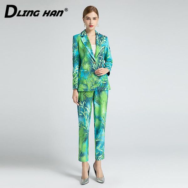 

women's two piece pants dlinghan fashion floral print set women long sleeve turn-down collar suit coat+ office lady two-piece autumn, White