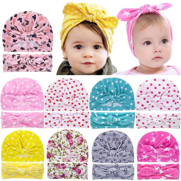 

cute infant toddler floral polka dot print hat headband 2pcs/sets kids spring autumn rabbit ears caps baby hats headwear, Yellow