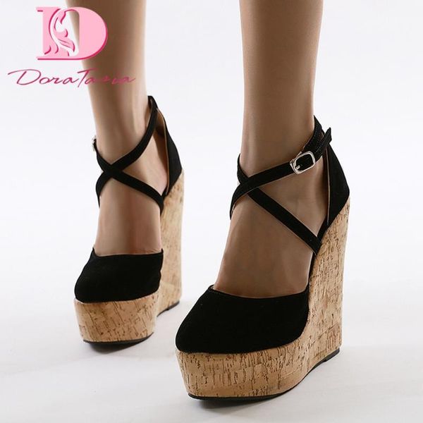 

dress shoes dora tasia 2021 brand design gladiator flock women sandals high wedges round toe pumps summer casual woman, Black
