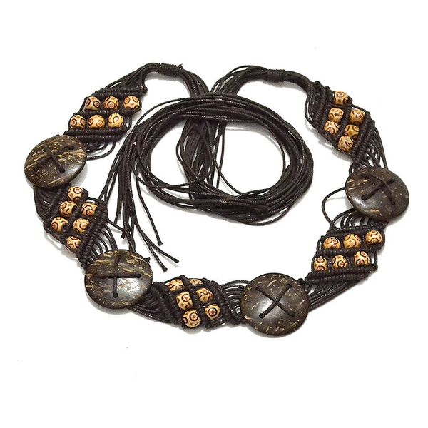 

new pattern handmade wax rope round wooden bead woven waist chain ethnic style decorative belt, Black;brown