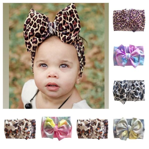 

children headbands tie-dyed leopard printed large bow hair band ins kids hair bands elastic wide headband baby girls boys headwear, Slivery;white