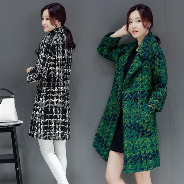 

tweed overcoat girl 2021 new women wool blends coat casual loose pockets female medium long woolen outerwear plus size w6tj, Black
