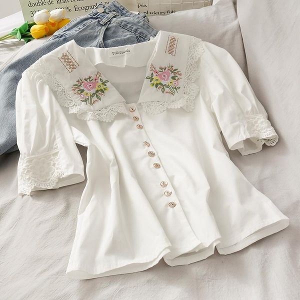 

women's blouses & shirts women fashion outdoor casual vintage embroidered short sleeve blouse ladies ol sweet girl student elegant dail, White