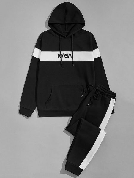 

men two tone letter graphic drawstring hoodie & sweatpants f3ik#, Gray
