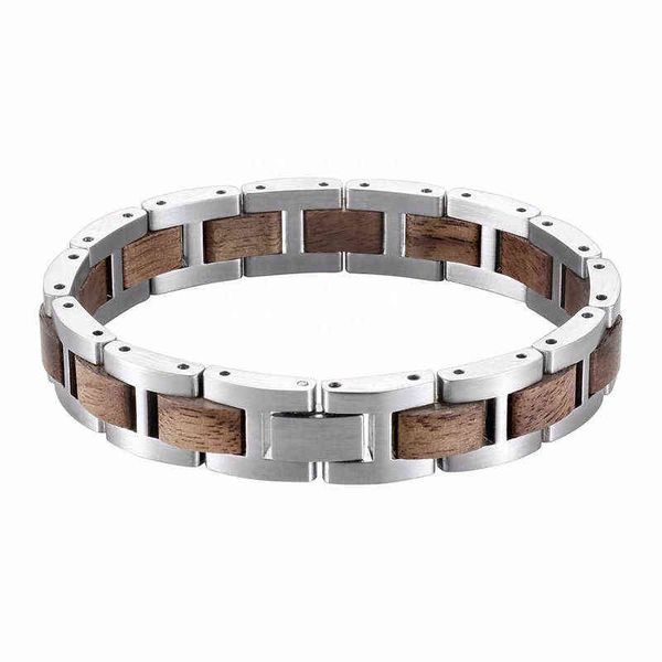 

selling products custom wooden stainless steel bracelet walnut wood bracelet men silver wristband brand luxury gifts 220117, Golden;silver