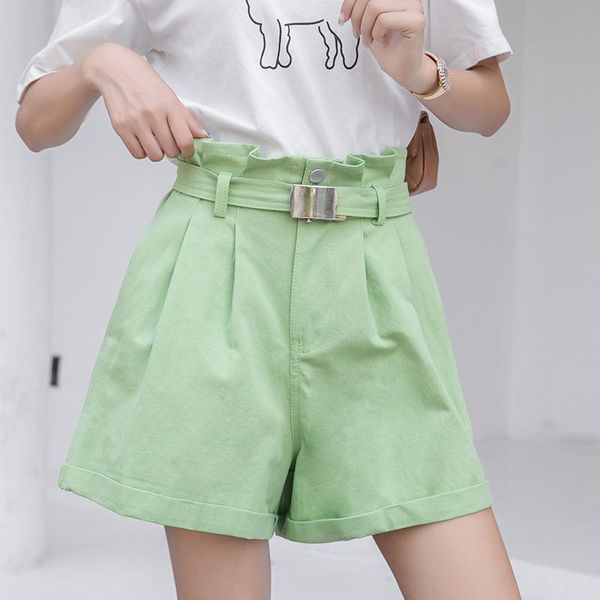 

women's shorts 2021 high waist pleated solid color women summer loose straight wide leg casual five point denim with belt, White;black