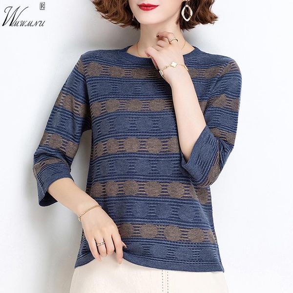 

women's t-shirt fashion o-neck loose three quarter sleeve knitted casual spring pullovers women striped patchwork knitwear female, White