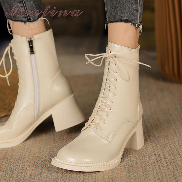 

boots meotina genuine leather motorcycle women thick heel round shoes high zipper ladies ankle autumn winter beige 41, Black