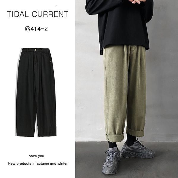 

2021 new autumn cotton straight men's fashion casual men streetwear loose hip-hop wide leg pants mens trousers m-3xl s0in, Black