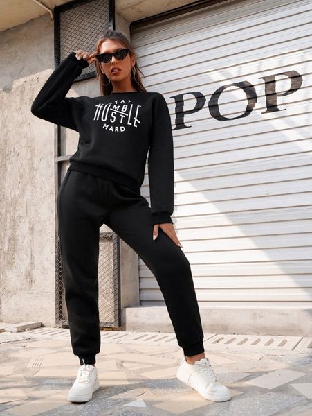 

letter graphic drop shoulder pullover & sweatpants s8uo#, White