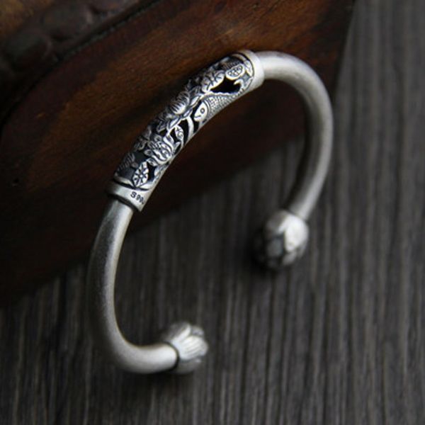 

2021 new real s990 sterling small fish lotus for woman thai sier retro ethnic style open female bracelet tuzl, Black