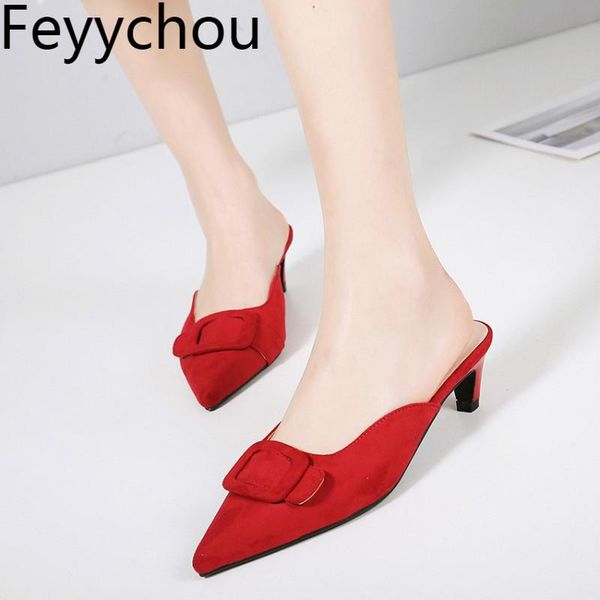 

dress shoes women pumps mules low heel flock slip on pointed toe 2021 spring summer fashion casual office pink red size 34-43, Black