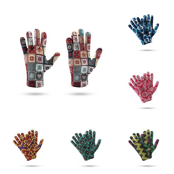

five fingers gloves fashion ethnic style printed women knitted colorful outdoor touch screen mittens riding garden work high-quality, Blue;gray