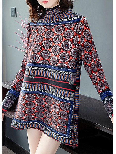 

casual dresses spring large size dress women temperament fashion national style retro printing women's loose high collar long sleeve, Black;gray