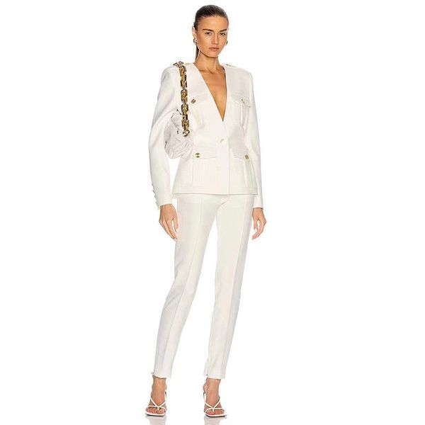 

women's two piece pants nine blazer set women long-sleeved v-neck slim work office ladies professional trouser formal suits pant, White