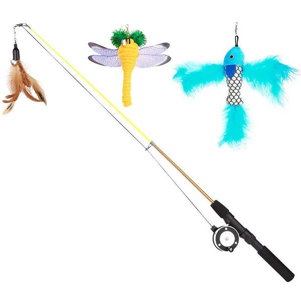 

cat toys feather teaser wand toy,interactive retractable fishing pole catcher exerciser with assorted refills fish, dragonfly wo