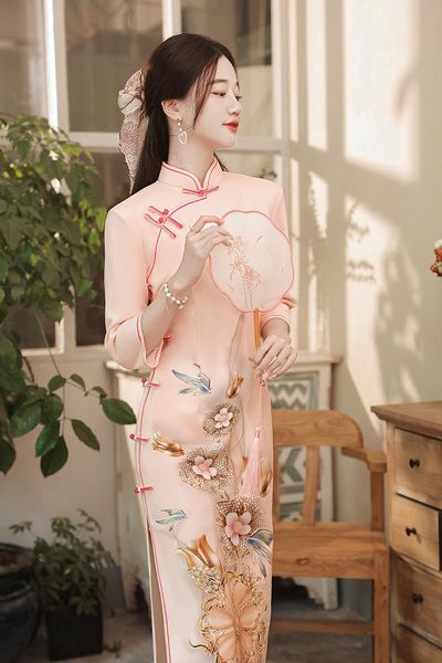 

ethnic clothing chinese style vintage high split cheongsam women pink floral print suede qipao traditional plus size l-4xl, Red