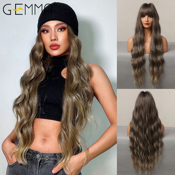 

long wavy synthetic wigs with bangs ombre dark brown cosplay hair wigs for women african american heat resistant fibre, Black