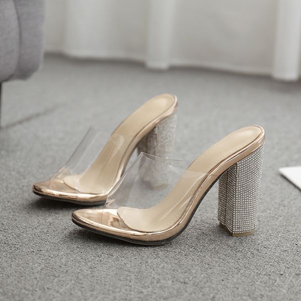 

2021 new sandals transparent pvc open toe high heels women rhinestone heel slippers shoes us49, Black