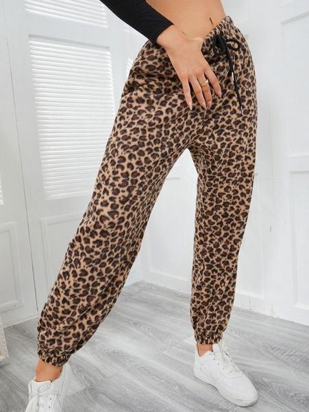 

leopard pattern drawstring waist fleece pants s2ta#, Black;white