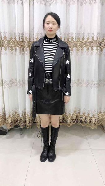 

women's leather & faux natural jacket autumn sheepskin motorcycle casual coat belt can be removed, Black