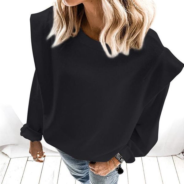 

gray autumn long sleeve with shoulder pad sweatshirts casual solid women hoodies o-neck loose winter fashion pullover g1833, Black