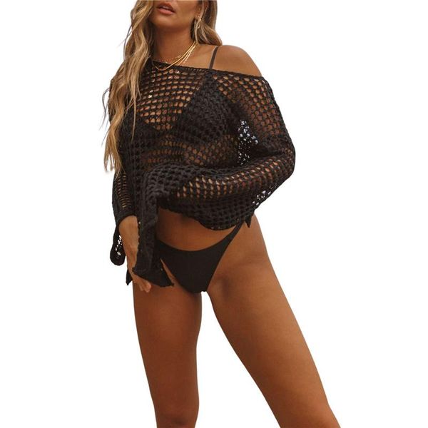 

women's swimwear xingqing beach cover up women hollow out ups long sleeve off shoulder see through crochet playa mujer, White;black