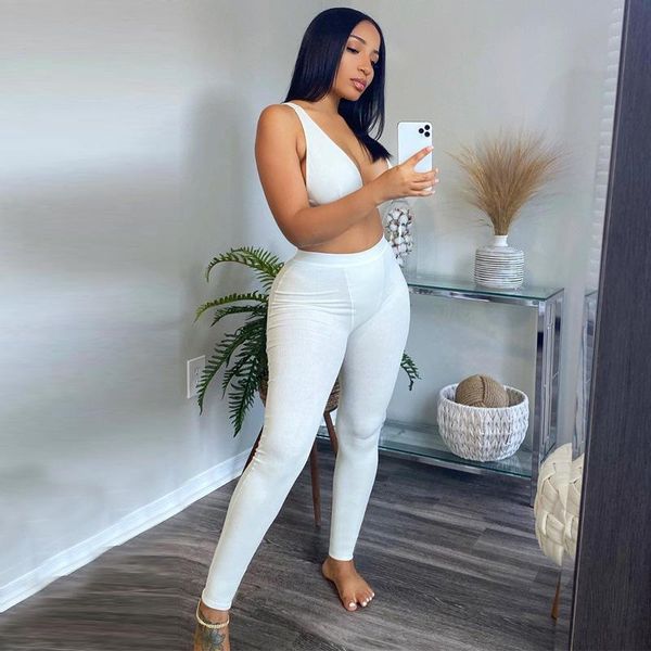 

sleeveless v-neck crop leggings 2 pieces set winter women fashion streetwear outfits sportswear solid elastic waist tracks, White