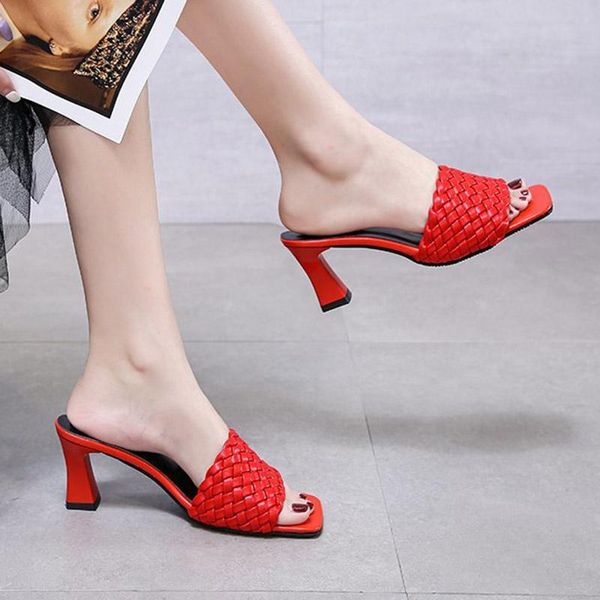 

slippers plus size 35-44 women peep toe dress shoes weave high heels slipper ladies slides black flip flops zapatos mujer 8130n