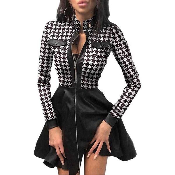 

casual dresses autumn a-line pocket houndstooth women's lace splicing print zip-up pu long sleeve slim high waist iurs, Black;gray