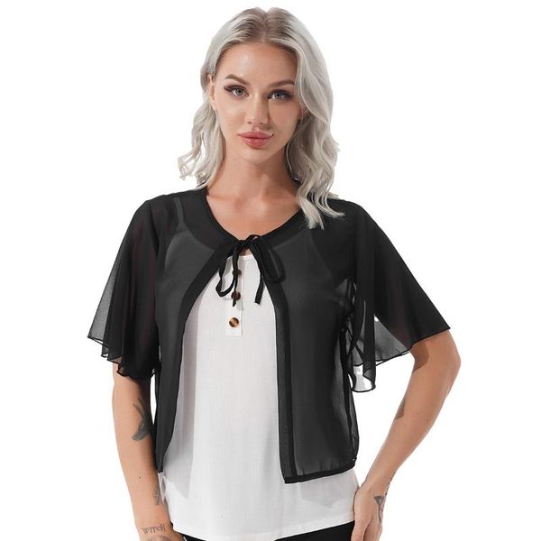 

women's jackets women lace-up vintage chiffon cardigan thin shawl coat sun-protective short flared sleeve open front slim fit jacket ou, Black;brown