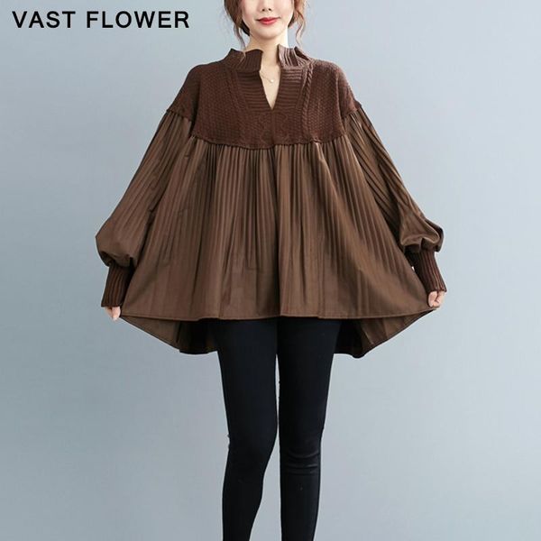 

plus size knitted patchwork pleated blouse women long sleeve loose casual vintage oversized shirt fashion clothes 2021 autumn, White