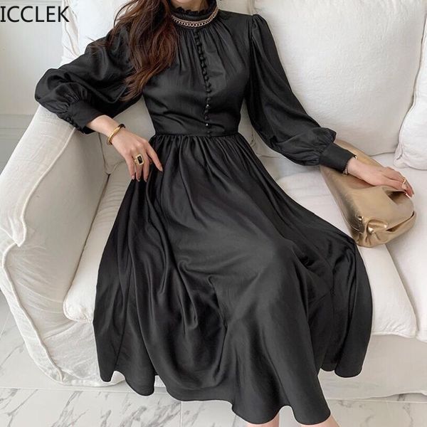 

icclek autumn and spring korean chic new women's temperament elegant party streetwear dress with large swing, Black;gray