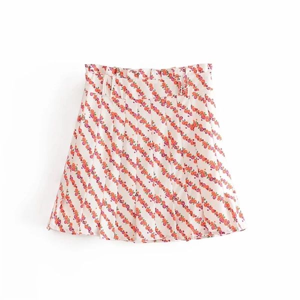 

sweet fashion floral printed with lining pleated skirt women side zipper high waist mini skirts chic jupe femme 210531, Black