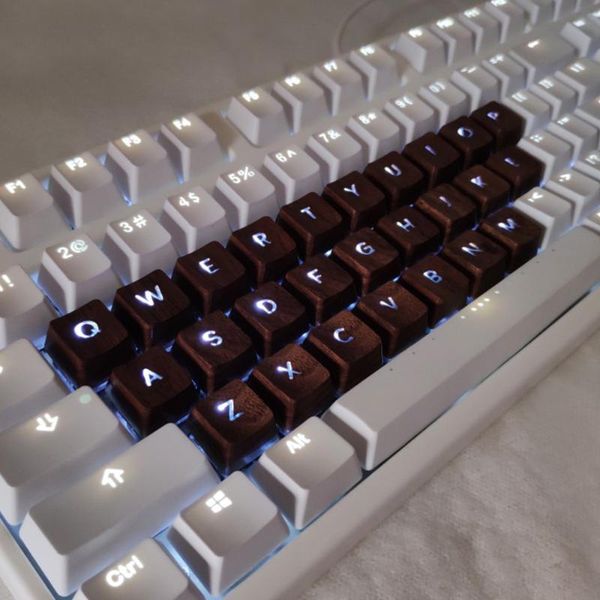 

26pcs black walnut wood alphabet keycaps for cherry mx switch mechanical keyboard hand made backlit oem wooden resin key caps