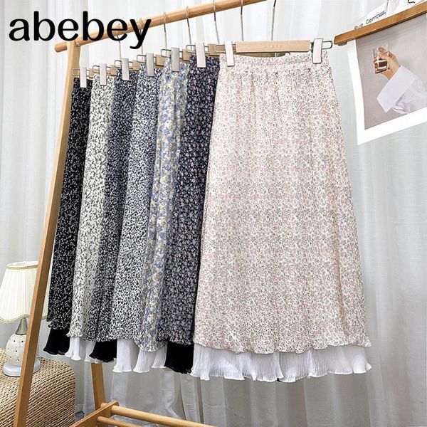 

skirts 2021 summer french fashion all-match chiffon skirt elastic waist pleated patchwork floral medium length, Black