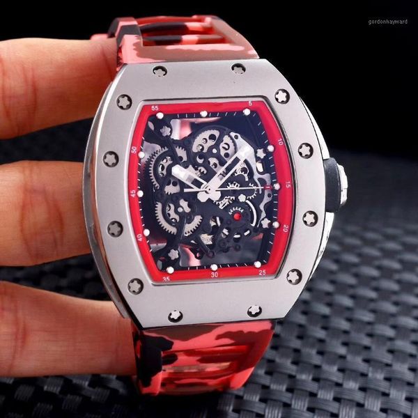 

wristwatches full black red rubber men watch sapphire glass back automatic mechanical silver limited stainless steel tpt skeleton, Slivery;brown