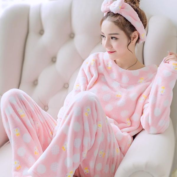 

cartoon coral pajamas set winter flannel sleepwear girl 2pcs pijamas suit nightgown long sleeve women cute shirt &pant sleep set, Black;red
