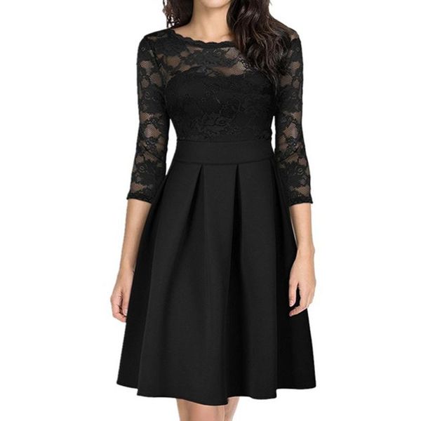 

fashion women mini dress casual plus size three quarter sleeve o-neck lace hollow out patchwork dress party dresses #t3g, Black;gray