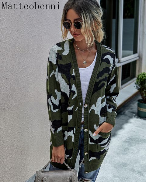 

2021 new cardigan ladies loose camouflage printed mid-length fashion sweaters with buttons autumn winter women sweater coat f8qb, White;black