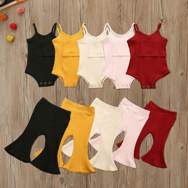

clothing sets toddler kids baby girls solid cotton soft sleeveless set ribbed suspender vest flared long pants outfits girl 2021, White