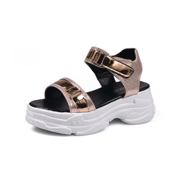 

sandals 2021 summer style women's pu leather flat heel 6.5cm fashion open toe sport platform sandalis mujer piel shoes, Black