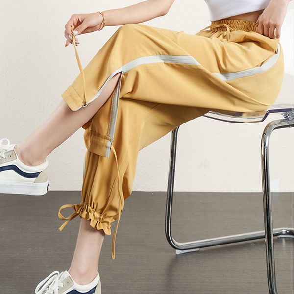 

2021 new women ice silk chiffon summer slender ankle-length jogger leg drop casual bloomers pants p2bc, Black;white