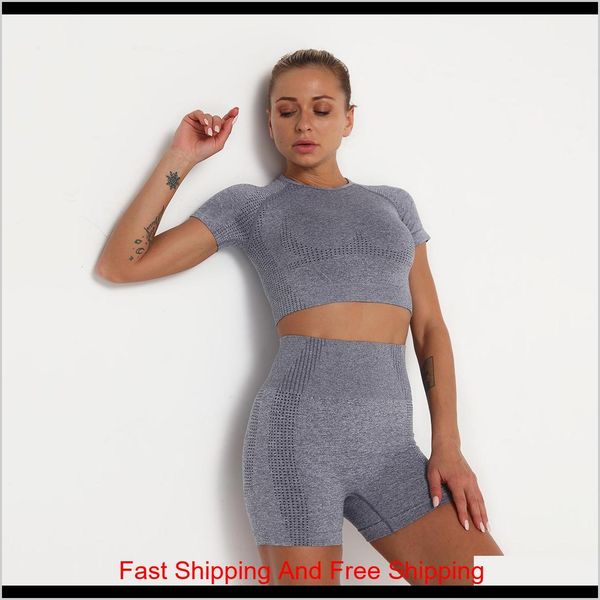 

2020 women's yoga set seamless sportswear 2 pieces set quick dry short sleeve sweat shirt crop and running sho qylxja item_home, White;black