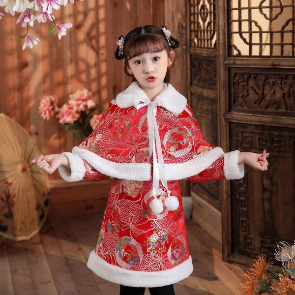 

ethnic clothing girls hanfu year children warm cheongsam chinese tang suit kid winter qipao plus velvet embroidery party dress, Red
