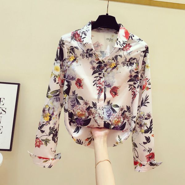 

plus size long sleeve shirt woman 2021 spring new vintage chiffon female floral printing blouse g7dc, Black