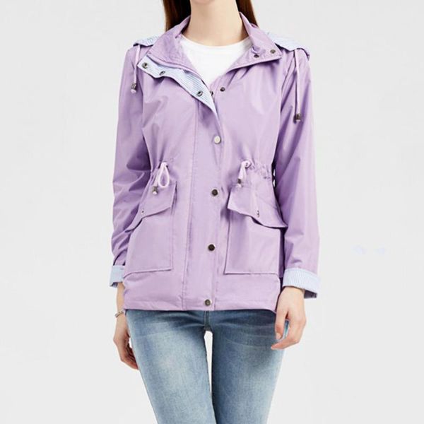 

women's jackets buttons zipper rain jacket striped climbing raincoats windbreaker waterproof lightweight outdoor hooded trench coats, Black;brown
