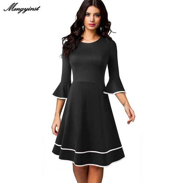 

casual dresses 2021 autumn solid color with flare sleeve retro a-line christmas party swing women white striped patchwork dress, Black;gray