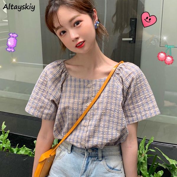 

shirts women plaid button retro shirt short sleeve vintage harajuku cute pure fresh student trendy chic girl daily soft new, White